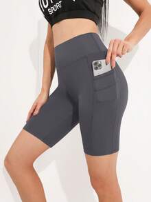 Easithlete Quần short thể thao nữ màu trơn, cạp cao, có túi, kiểu dáng thường ngày. - Đá lửa - Xem 3
