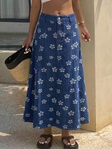 DAZY 纯色A字牛仔裙，适合女士度假穿着 - 藍色 - 查看 5