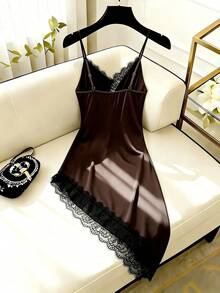 Franclia Women's Elegant Asymmetric Lace Satin Slip Dress, Spring/Summer 2026 - Brown - View 2