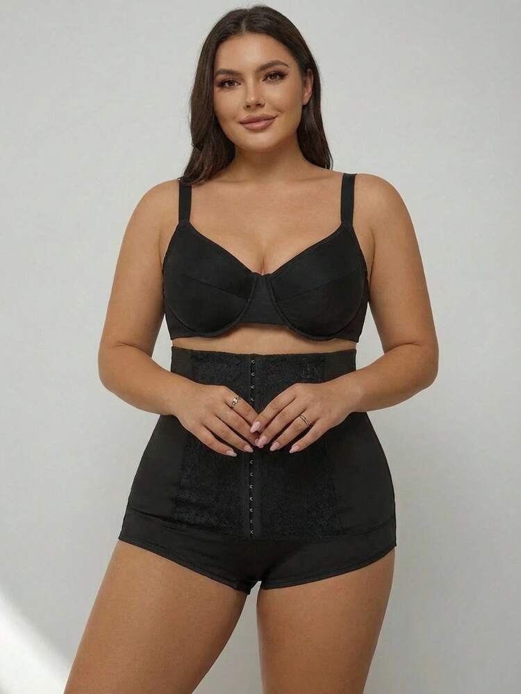 SHEIN CURVE+ 加大码女式黑色性感蕾丝拼接高腰塑形短裤/2026新款/新年加大码女式曲线塑形裤 - 黑色 - 查看 4