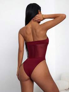 SHEIN PETITE Áo liền thân nữ màu trơn phối lưới, gợi cảm, không tay, ôm sát cơ thể. - Màu Đỏ Sâu - Xem 2