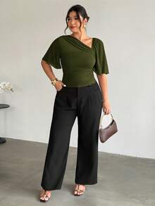Firerie Plus Size Women Solid Color Pleated Fitted Casual Top - Green - View 7