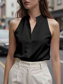 EMERY ROSE Chaleco sin mangas de tejido con cuello falso para mujer, prenda versátil y estilizadora para el transporte, blusa de talla grande - Multicolor - Ver 4