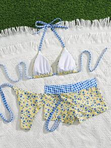 Swim Mod Bộ bikini 3 mảnh dễ thương dành cho nữ, thích hợp cho lễ hội âm nhạc bãi biển mùa xuân/hè, họa tiết hoa kẻ caro, buộc dây sau lưng. - Nhiều màu - Xem 2