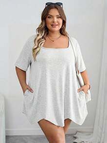 SHEIN CURVE+ Quần áo cỡ lớn/Quần áo mùa thu/Quần áo nữ mùa đông/Quần áo mùa đông cho nữ/Áo thun tay ngắn cổ vuông vạt lệch có túi cỡ lớn màu đen cỡ lớn 8XL quần áo nữ cỡ lớn 6XL quần áo nữ cỡ lớn 5XL cỡ lớn áo cỡ lớn, trang phục ngày lễ cho nữ quần áo mùa thu cho nữ, mùa đông, CURVE PLUS - Màu Xám nhạt - Xem 3