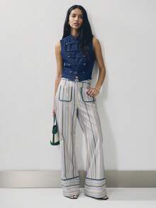 Nöista Pantalones de pierna ancha a rayas de cintura alta con ribete de contraste, bolsillos parche y bajo con puño. Perfectos para el look de verano, vacaciones, ropa de playa, fiesta de piscina, atuendo diario, estilo callejero. - Verde - Ver 4