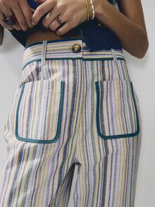 Nöista Pantalones de pierna ancha a rayas de cintura alta con ribete de contraste, bolsillos parche y bajo con puño. Perfectos para el look de verano, vacaciones, ropa de playa, fiesta de piscina, atuendo diario, estilo callejero. - Verde - Ver 3