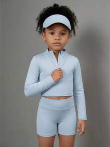 SHEIN Bộ 3 món thể thao mùa xuân/hè/thu cho bé gái, nhẹ nhàng, thoải mái gồm áo khoác cardigan cổ đứng có khóa kéo, áo vest ngắn cổ tròn và quần short ôm eo co giãn. - Màu xanh lam - Xem 10