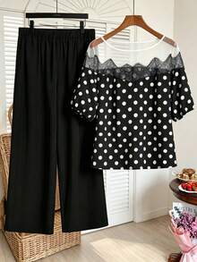 GlowEve CURVE Plus Size Black And White Autumn Elegant Formal French Classic Polka Dot Lace Splice Short Sleeve Bow Tie Blouse And Straight Leg Pants 2 Pieces Set - Black and White - View 2