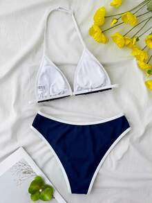 SHEIN 少女夏季新款海边度假时尚甜美可爱露背比基尼套装 - 藍色 - 查看 2