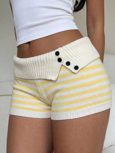 CovetEZ Women's Yellow Color-Blocked Striped Knit Shorts, Women's Striped Knit Shorts, Button Details, Comfortable Summer Knit Wool Hot Pants, Stylish Women's Striped Knit Shorts, Rolled-Up Waistband And Decorative Buttons, Casual Hot Pants, Comfortable Women's High-Waisted Striped Knit Shorts, Button Embellishments, Stylish Home Knit Wool Shorts