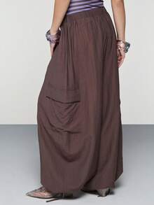 COUREZ Drop Crotch Baggy Balloon Cargo Trousers In Linen/Y2K Summer Outfits For Women Bottoms Party Festival Clothes Spring - Brown - View 3