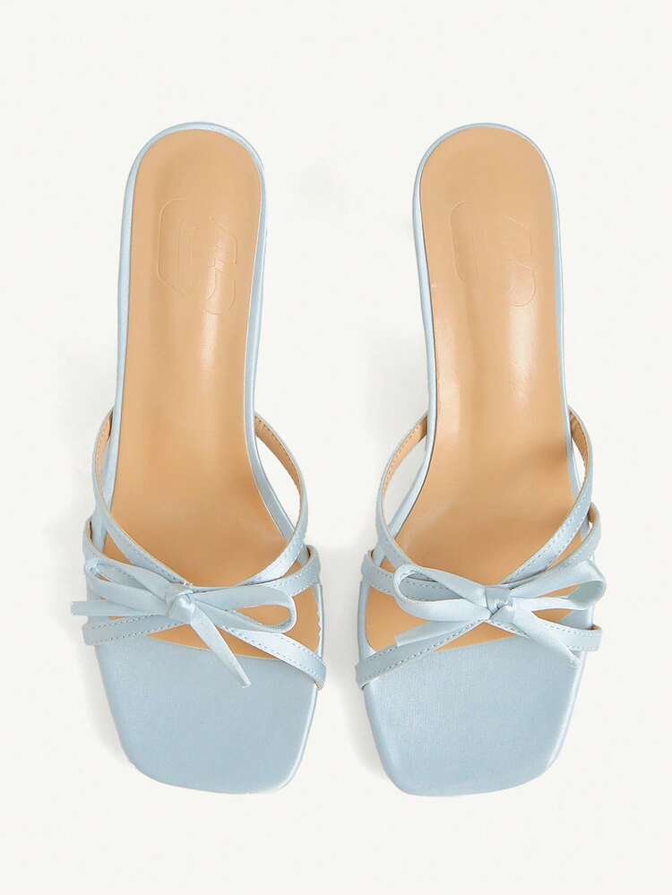 CUCCOO CHICEST Light Blue Satin Bow High Heel Square Toe Thin Strap Thin Heel Outer Wear Temperament Banquet Sandals