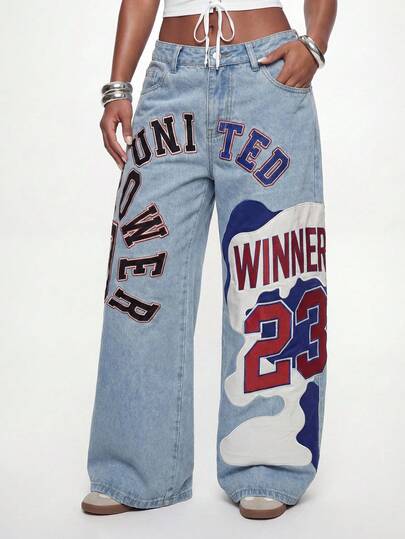 ROMWE Avant Quần jeans nữ ống rộng cạp thấp, kiểu dáng thể thao retro, phối màu tương phản, thêu chữ số.