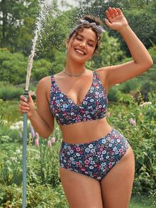 Swim Mod Plus Size 2 Pieces Swimwear Set, Navy Blue, Summer, Boho, Beach, Holiday, Ditsy Floral, Criss-Cross Front, Adjustable Straps, High-Waisted Bottoms, Pool Wear - Multicolor - View 6