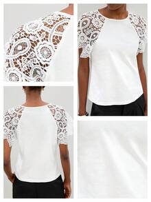 Maija Women's Summer Casual Elegant Solid Color Lace Splice Raglan Sleeve T-Shirt,White Top, Tea Party Wear,Going Out Outfits - White - View 3