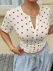 Dazy Plus Spring/Summer Fashion Tight Fitting Top, New Slim Fit Polka Dot Plus Size White Undershirt T-Shirt For Women Crop Top - Apricot - View 7