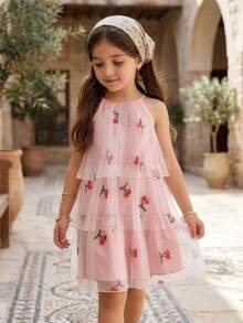 SHEIN Vintaside Kids Toddler Girls' Sweet Mori Style Mesh Ruffle Neck Sleeveless A-Line Princess Dress - White - View 6