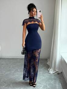 SHEIN Elenzya Elegant Solid Color Lace Patchwork Summer Dress - Navy Blue - View 3