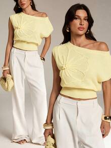 SHEIN Tall Áo dệt kim nữ màu trơn, kiểu dáng lệch vai, thích hợp cho kỳ nghỉ hè, nghỉ xuân, dự tiệc, đi biển, mùa xuân, ngày Valentine, kỳ nghỉ nhiệt đới, trang phục Bohemian, trang phục Ibiza, phong cách phương Tây. - Màu vàng - Xem 3