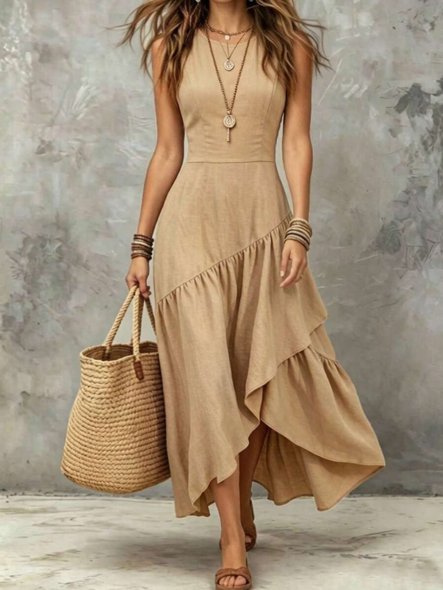 SHEIN Đầm không tay cổ vuông thanh lịch kiểu Pháp, thiết kế xếp ly bất đối xứng ở gấu đầm, thích hợp cho công sở và kỳ nghỉ. - Màu be - Xem 1