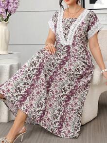 Lacomfia Summer Contrast Lace Trim Ditsy Floral Plus Size Women Dress - Multicolor - View 1