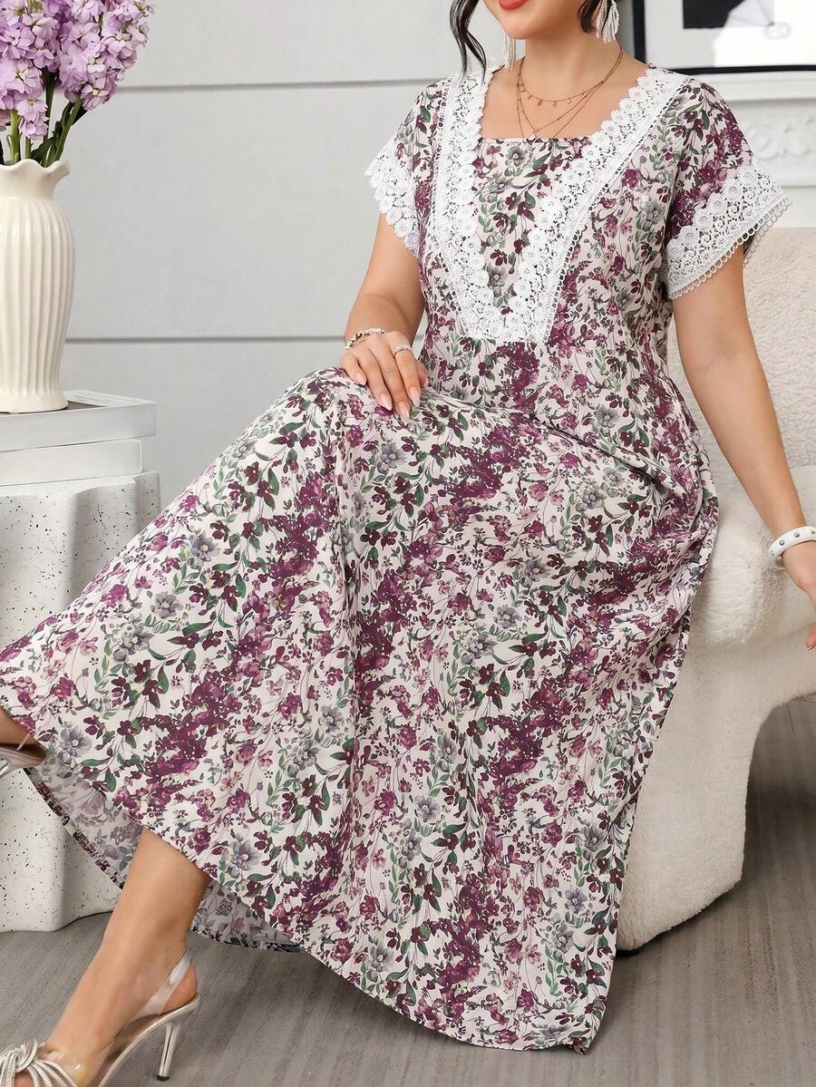 Lacomfia Summer Contrast Lace Trim Ditsy Floral Plus Size Women Dress - Multicolor - View 1