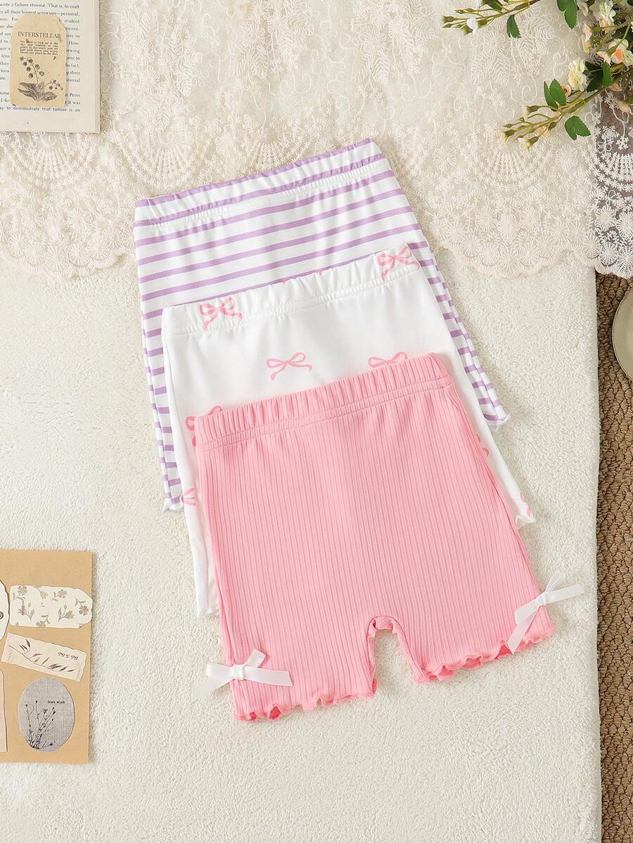 SHEIN Vintaside Kids 3件組女嬰夏季可愛白色與粉色蝴蝶結紫色條紋羅紋彈性腰短褲，柔軟舒適，適合度假，6個月-3歲