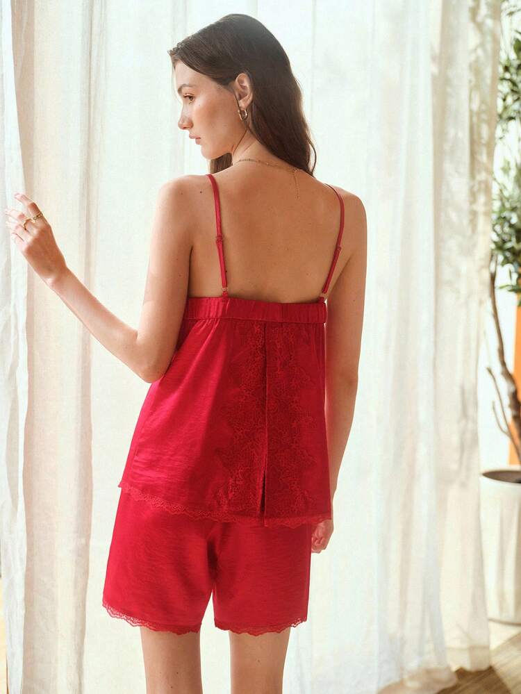 WOMEN'S SUMMER CONTRAST LACE BOW DECOR CAMISOLE AND SHORTS PAJAMA SET