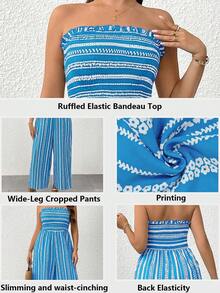 SHEIN Clasi Bộ jumpsuit nữ dáng suông, không dây vai, ống rộng, thích hợp cho kỳ nghỉ, thường ngày, kiểu dáng ôm sát. - Màu xanh lam - Xem 2