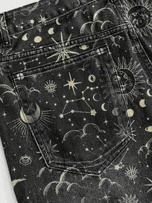 ROMWE MEN Street Life Men's Pocketed Button Allover Print Casual Versatile Daily Wear Washed Denim Shorts - Black - View 5