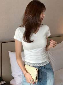 DAZY Women's Round Neck Solid Color Basic White Short Sleeve T-Shirt, Spring/Summer - White - View 5