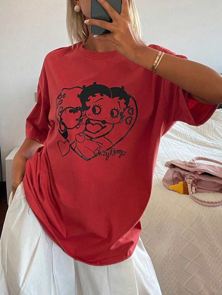 Women's Heart & Cartoon Character Print Round Neck Short Sleeve T-Shirt