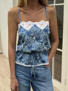 Livesso Women's Lace Patchwork Ruffle Casual Versatile Daily Wear Camisole Top - Blue - View 5