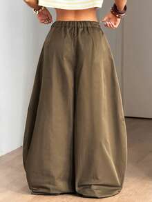 Coolane Quần dài nữ mùa hè kiểu vintage, phong cách hippie, dáng rộng, màu xanh rêu quân đội. - Màu xanh Ô liu - Xem 5