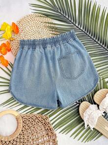 SHEIN Quần short denim bầu có dây rút, kiểu dáng thường ngày, đa năng, thích hợp mặc hàng ngày, mùa hè, lễ hội, đi làm, nghỉ mát, tốt nghiệp, phong cách Y2K, dễ thương, thời trang đường phố, quyến rũ, dự tiệc, đám cưới, thanh lịch, công sở, đi biển, tốt nghiệp, thời trang nữ, quần short denim màu xanh nhạt có dây rút và cạp chun co giãn, thoải mái cho nữ, cạp chun và dây rút điều chỉnh được. - Màu xanh lam - Xem 2
