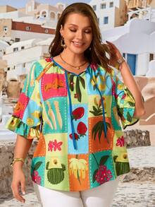 EMERY ROSE Plus Size Women's Summer Beach Vacation Style Patchwork Print Tie Neck Ruffle Sleeve Loose Blouse - Multicolor - View 5