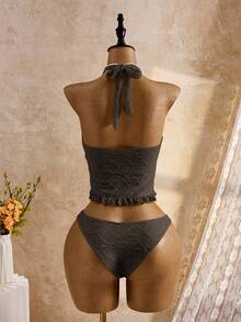 Bellisia Bộ đồ đi biển mùa xuân/hè 26SS dành cho nữ, bộ bikini hai mảnh kiểu áo hai dây, chất liệu vải họa tiết hoa rỗng thanh lịch, ngọt ngào, dễ thương, họa tiết hoa cúc 3D phong cách BOHO, mút ngực có thể tháo rời, dây buộc nơ, viền bèo nhún, bộ bikini hai dây kiểu áo hai dây - màu nâu - Xem 2