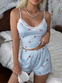 Softscene Lace Patchwork Striped Bow Print Camisole & Shorts Women Pajama Set - Multicolor - View 3