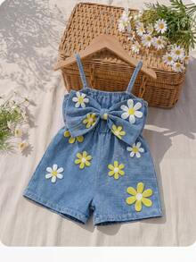 SHEIN Bộ áo liền quần cho bé gái màu xanh denim dễ thương, kiểu dáng thường ngày, họa tiết bướm, dây buộc nơ, thích hợp cho mùa hè. - Màu xanh lam - Xem 4