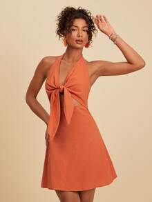 Travachic Women's Vacation Beach Tie-Back Halter Mini Dress - Rust Brown - View 3