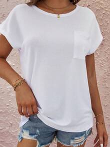 EMERY ROSE Women's Solid Color Round Neck Pocket Design Casual Loose T-Shirt - White - View 4