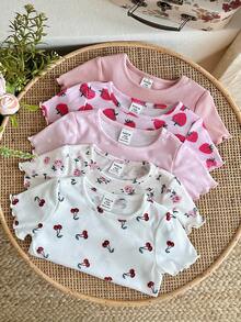 LMoss Kids 5pcs/Set Baby Girl Summer Cute Knitted Floral, Strawberry, Cherry Pattern Ruffle Hem Short Sleeve Top - Multicolor - View 4