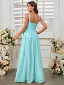 SHEIN Belle Đầm phù dâu xẻ cao, thắt eo, kiểu cổ yếm. - Màu xanh ngọc - Xem 2