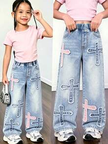 Girls' Loose Fit Jeans,Blue Summer Back-To-School,Lightweight Washed Denim,Cross Patch Design,Comfortable Cotton Casual Outdoor Versatile Denim Pants - Medium Wash - View 1