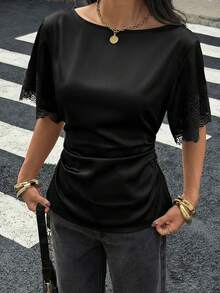 Siren Gaze New Spring/Summer Satin & Lace Patchwork Waist Shirt For Women,Summer Top - Black - View 5