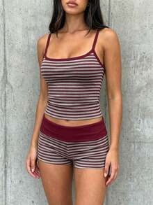 SHEIN EZwear Bộ đồ nữ mùa hè kiểu dáng thường ngày kẻ sọc gồm áo hai dây và quần short. - Đỏ - Xem 6