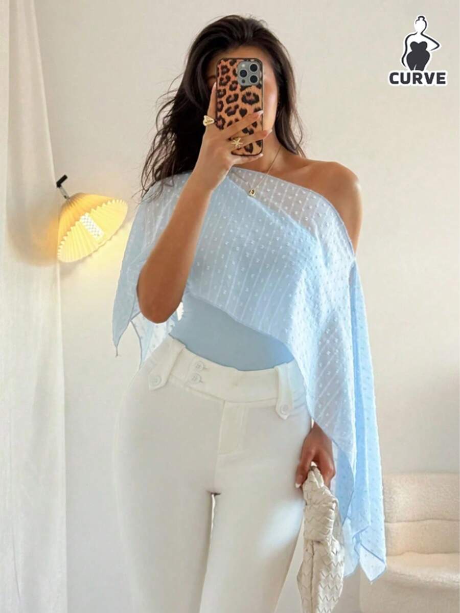 INAWLY Plus Size Women Casual Asymmetrical Shoulder Versatile Daily Wear Top - Blue - View 1