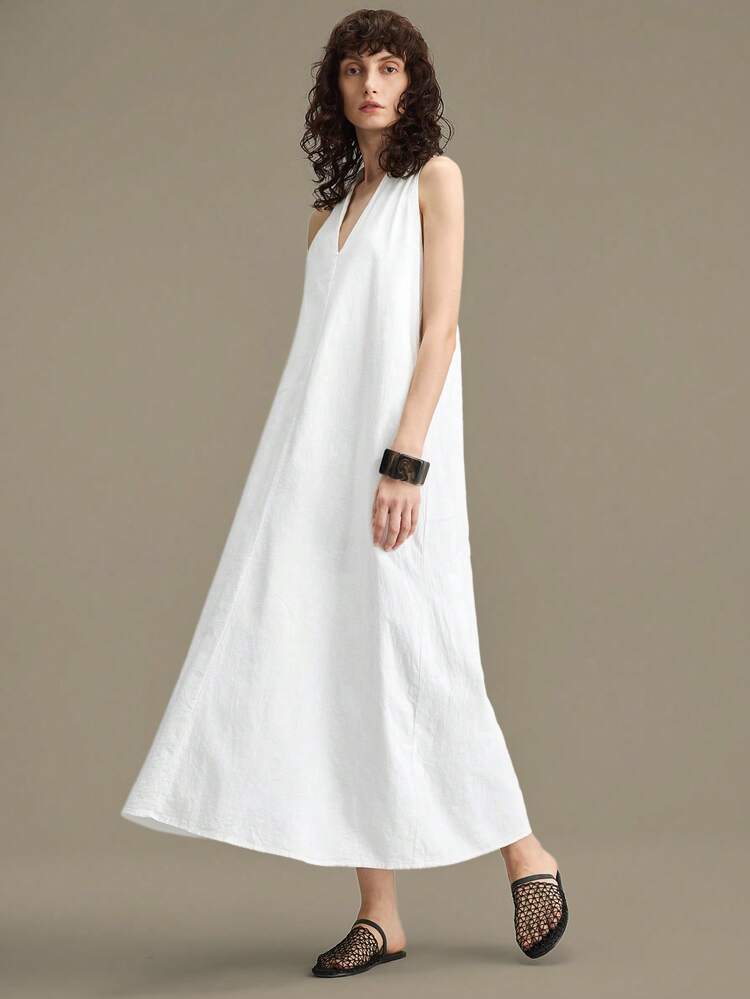 Elegant Casual Minimalist V-Neck White Midi Dress, Chic And French Style, Luxury Fabric, Versatile For Business, Casual, Office Vacation, Wedding Guest, Summmer, Holiday, Commute, Dresses For Women Dress For Women Casual