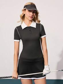 CourtClass Lässiges, vielseitiges Poloshirt für Damen mit Kontrastfarben-Kragen, Knöpfen, Kurzarm und schlanker Passform für Golf - Verschiedenfarbig - Übersicht 6